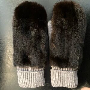 Real Mink Almost Black Fur Mittens with Gray Knit Cuffs